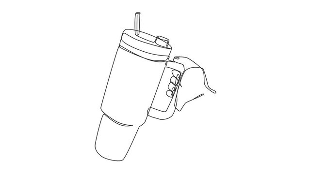 Continuous one line animation of people hand holding tumbler.