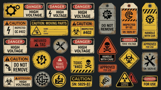 Comprehensive set of industrial adhesive sticker warning sign vector templates featuring custom technical layout typography emblem and hazard icon collection for manufacturing safety equipment.