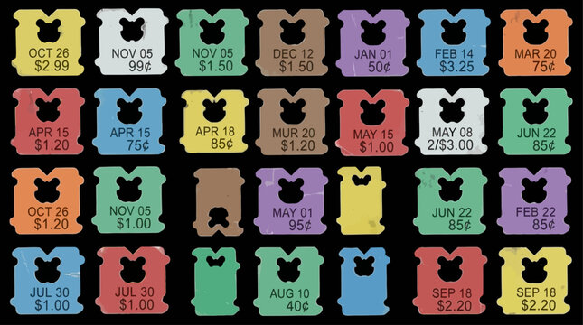 Assorted plastic bread bag clips collection featuring various printed text and expiration dates, isolated on a white background, useful for grocery packaging and food preservation concept.