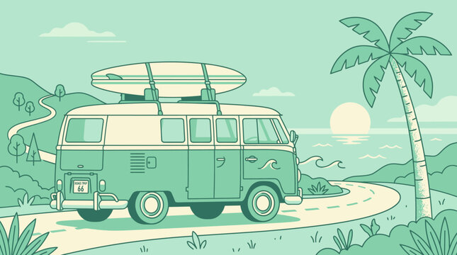 Retro vintage camper van illustration driving on coastal road at sunset with surfboards on roof, tropical beach summer travel concept vector