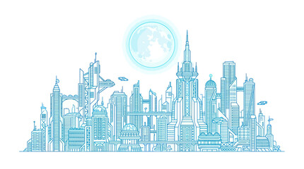 Fototapeta premium Futuristic Cityscape Drawing, Blue Neon Sky, Flying Cars, Modern Architecture