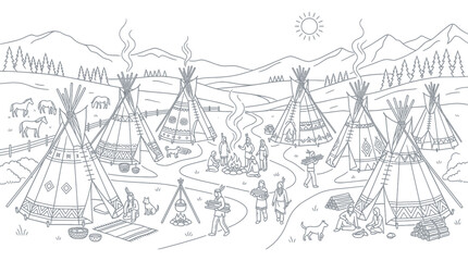 Native American Village Scene with Teepees, People, and Mountains © rara