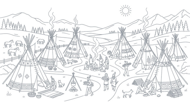 Native American Village Scene with Teepees, People, and Mountains