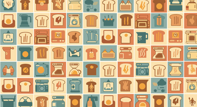 Diverse collection of small icons representing kitchen appliances bread and various household objects in a grid layout.