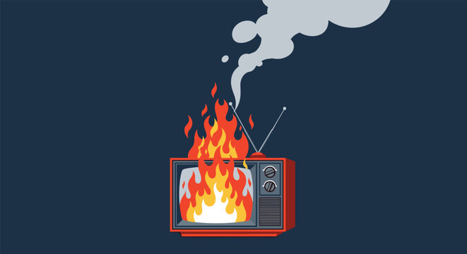 Stylized illustration of a vintage television set on fire with thick smoke billowing against a dark blue background.