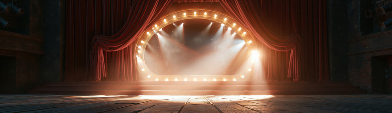 Vintage cinema stage with red velvet curtain and glowing light, empty theater scene with dramatic spotlight and wooden floor