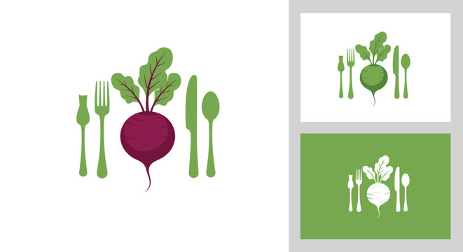 Healthy eating conceptual illustration featuring a purple beetroot alongside green silhouettes of fork, knife, and spoon.
