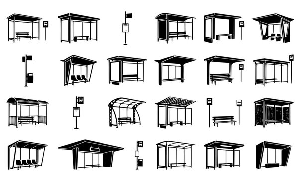 Bus Stop Shelter Silhouette with Bench and Trash Can Vector Illustration
