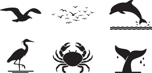 Obraz premium Sea Animal Silhouette Icon Set, Seagull Dolphin Crab Heron Whale Tail Beach Wildlife Vector Pictogram