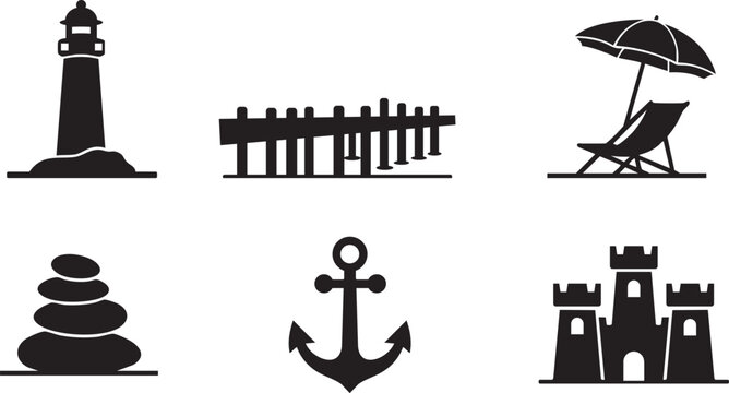 Beach Element Silhouette Icon Set, Lighthouse Beach Chair Anchor Sandcastle Zen Stones Vector Pictogram