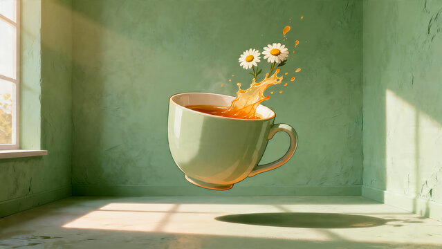 Minimalist ceramic teacup floating in mid-air with water splash