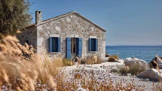 A rustic stone cottage stands by the clear blue waters, framed by wildflowers and rocks. The tranquil scene captures the charm of coastal living on a sunny day.
