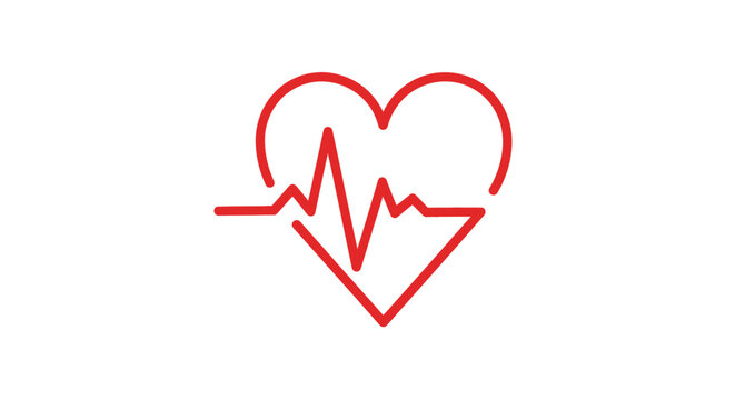 A red heart shape with a line graph inside, representing a heartbeat on a white background