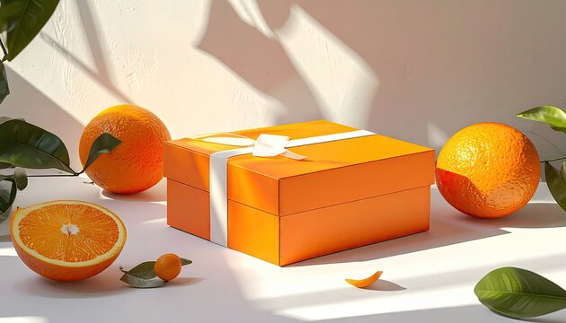 Brightly lit  shot presents a vibrant orange gift box tied with a white ribbon, encircled by fresh oranges, leaves and hints of shadows, creating a refreshing and aesthetically pleasing composition.