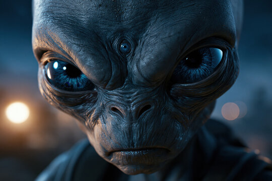 Cinematic extreme closeup grey alien with large eye, dark skin, and eerie face, dramatic blue light, shallow depth of field