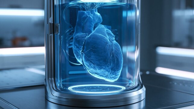 Genetically edited porcine heart suspended in nutrient fluid inside preservation canister for xenotransplantation surgery