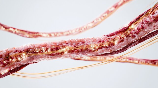 Medical illustration of genetically modified porcine tissue integrating with human blood vessels for xenotransplantation