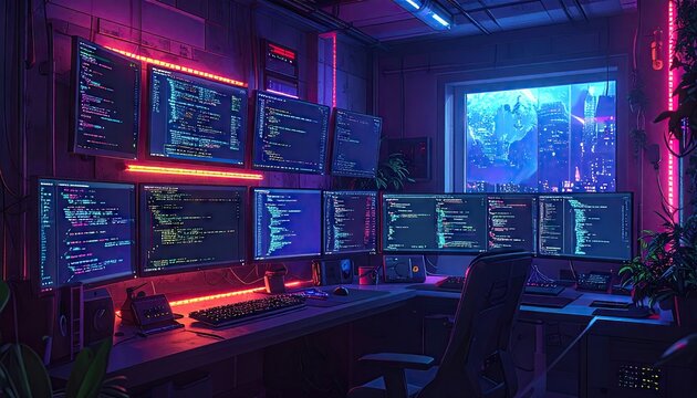 Cyberpunk-inspired interior scene showcases a high-tech workstation filled with multiple computer screens displaying lines of code and futuristic cityscape through a window, all illuminated with neon.