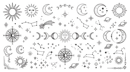 Black and white celestial icons with suns moons stars and constellations isolated on transparent background © Shitol Roy
