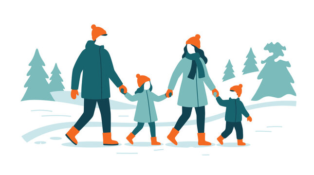 Family in warm winter clothing walking together in snowy landscape with trees conveying love and togetherness in cold weather outdoor activity.