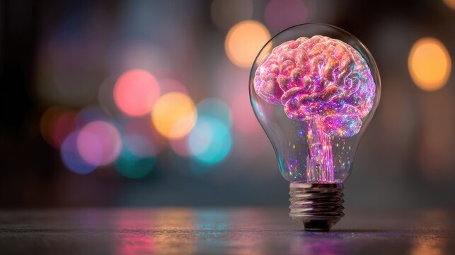 Glowing brain inside a light bulb symbolizing innovation and bright ideas with a bokeh background for creative concepts and inspiration