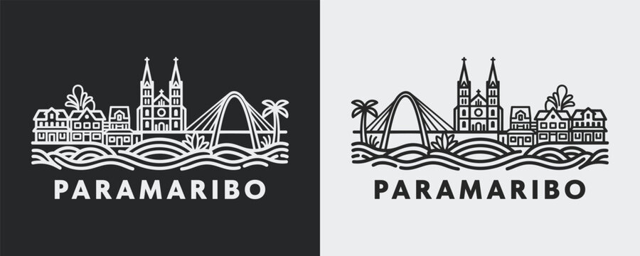 Paramaribo Suriname Skyline Minimalist Linear Graphic Illustration Design Set