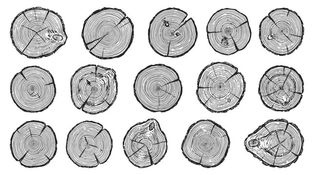 Monochromatic collection of graphic linear tree stump prints featuring intricate wooden silhouettes and organic wood textures with concentric annual rings in detailed cross section on white.