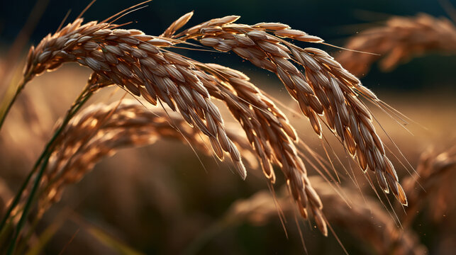 Rice stalk golden rice ripe rice macro shot close up grain crop cereal plant agriculture field plant harvest season rice panicle farm crop food plant rural field natural light shallow focus brown