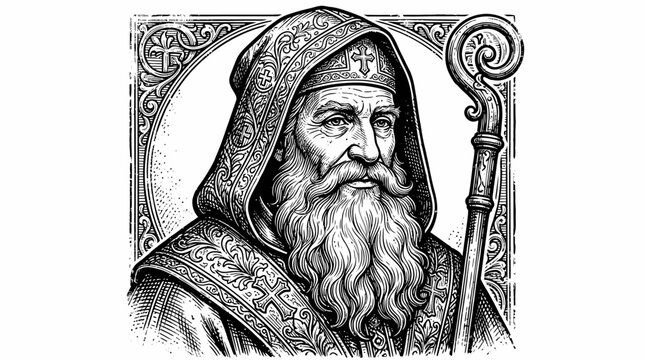 Elderly monk with long beard hooded.