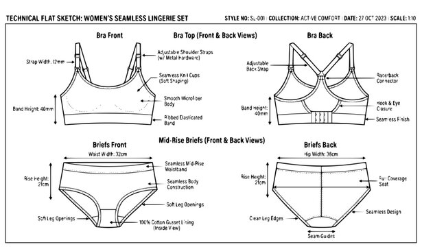 Seamless Bra Top and Mid Rise Panty Set Technical Fashion Illustration Women's Lingerie CAD Vector Template