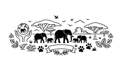 Elephant Family Wildlife Nature Line Art Banner © Arga Pratama