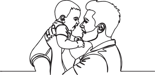 Continuous line art drawing of father holding baby upright with minimalist parenting illustration blackandwhite continuous connection happiness parenthood portrait interaction © MSTESIRON
