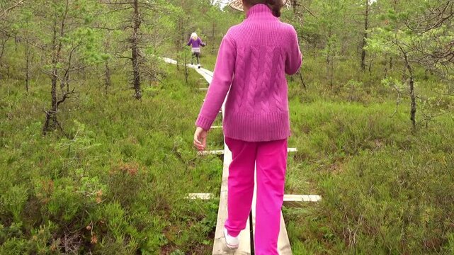 Two little beautiful girls walk on swamp, Estonia