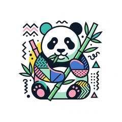 Cute Panda Eating Bamboo with Geometric Patterns. © Rimuru