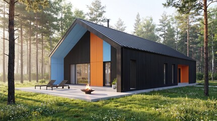 Obraz premium Minimalist Scandinavian House with Bold Colors in Light Woodland