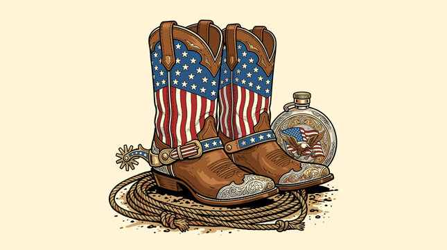 Vintage American flag cowboy boots with spurs lasso and canteen, retro graphic illustration for t-shirt design and patriotic western branding.
