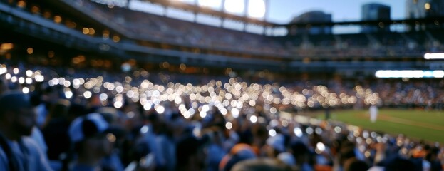 Obraz premium Crowd cheering with phone lights at baseball stadium during night, blurred background 