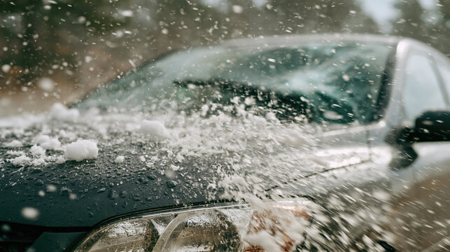 Hail car hood storm weather ice impact vehicle windshield splash wind severe frozen precipitation damage outdoor motion angle danger road winter cold black silver glass blur closeup driving travel