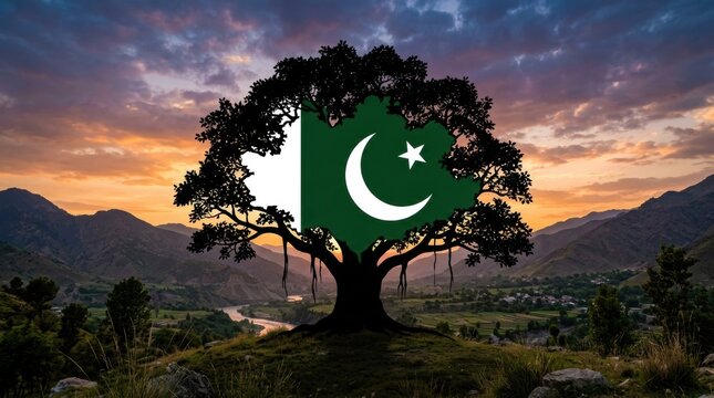 Pakistan independence day concept tree silhouette with national flag against mountain landscape