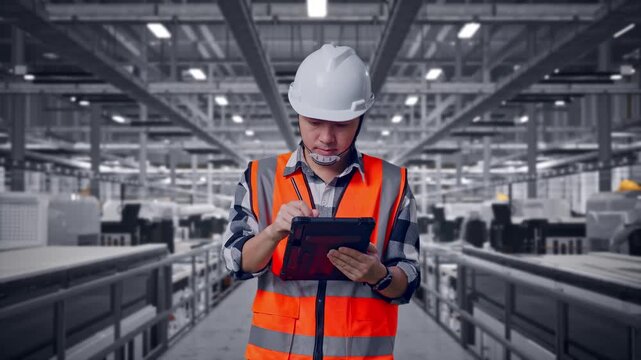 Asian Male Engineer With Safety Helmet Taking Note On The Tablet And Looking Around While Standing at Solar Panel Manufacturing Factory with Automated Robotic Assembly Line
