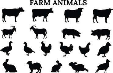 Obraz premium Set of farm animals silhouettes, collection of domestic animals, vector illustration
