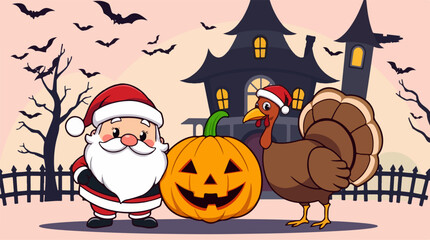 Naklejka premium Holiday mashup vector illustration with Santa Claus, Halloween pumpkin, and Thanksgiving turkey. Spooky haunted house background with bats and winter characters.