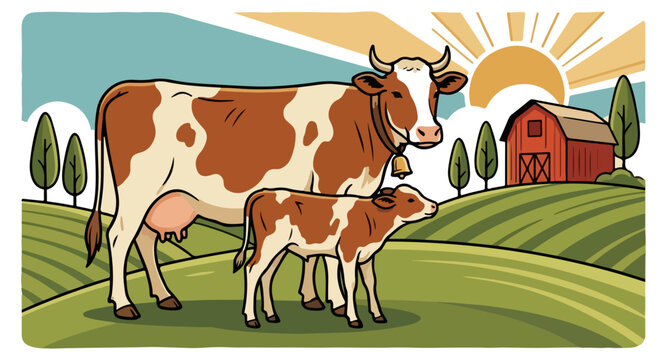 Illustration of a cow and calf grazing on a sunny farm landscape