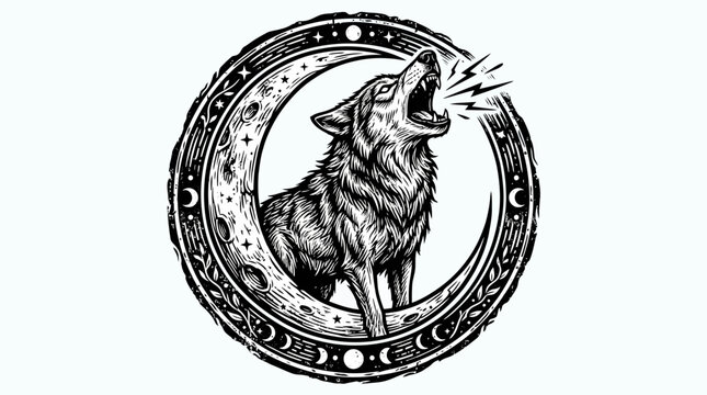 Wolf howling at crescent moon symbol.