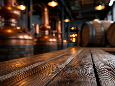 Wooden bar counter old distillery interior copper still barrel storage warm light empty room rustic wood industrial brewery blurred background vintage cellar