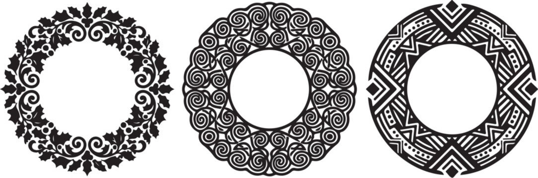 Mandala circle patterns, black and white, vector illustrations, decorative borders
