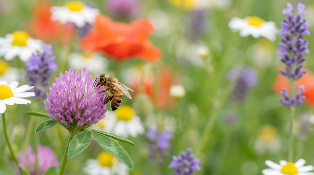 A bee collecting nectar from a purple clover flower in a field