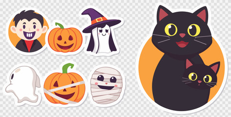Fototapeta premium Halloween sticker set with cute black cat, spooky pumpkin jack-o-lantern, friendly ghost and vampire, 7 cartoon vector icons for autumn holiday