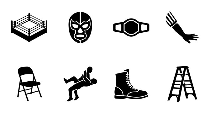Wrestling Icons Set, Combat Sport Icons, Championship Belt, Luchador Mask, Ring Elements, Sports Graphics