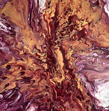 Pintura abstrata contempor&acirc;nea com movimento fluido e profundidade, obra em tons quentes e com a nobreza do roxo.